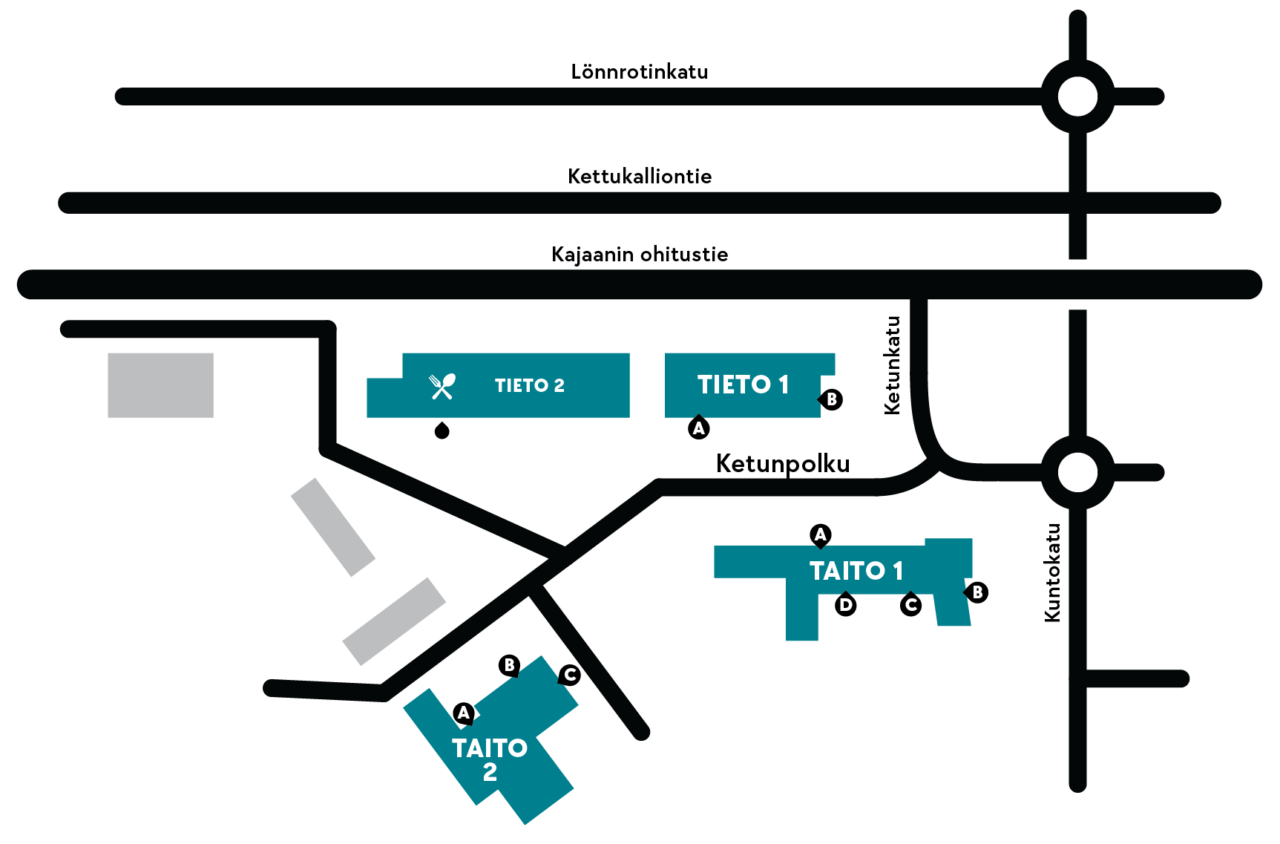 Kajaanin kampuksen kartta, johon on merkitty talot Tieto1 ja 2 sekä Taito 1 ja 2, jotka sijaisevat kaikki Ketunpolku nimisen kadun varrella.