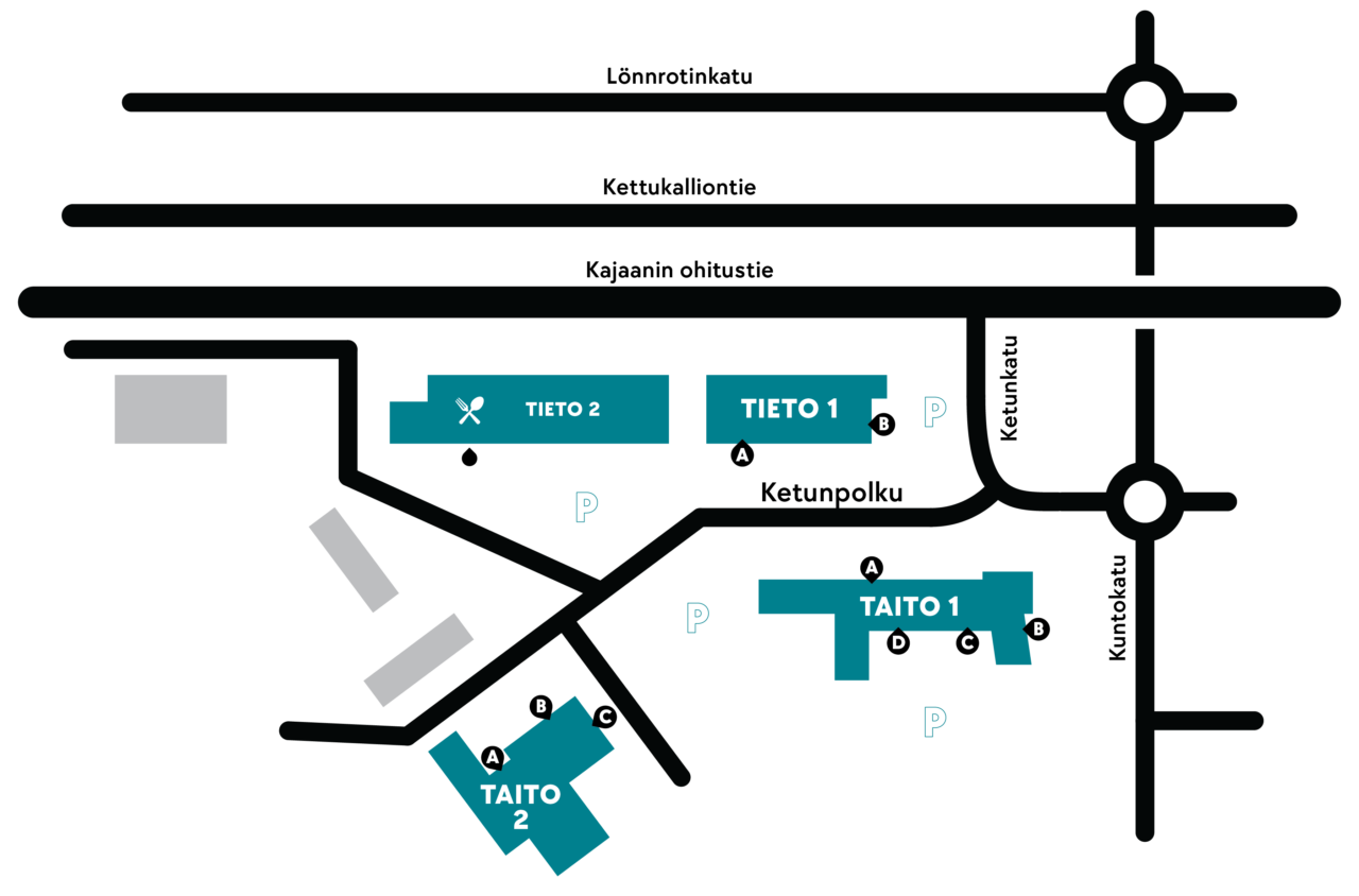 Map of the Kajaani campus, where the buildings Tieto1 and 2 and Taito 1 and 2 are marked, which are all located along the street called Ketunpolku.