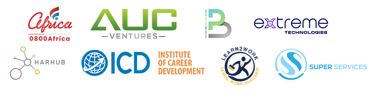Logos for 0800Africa Limited, AUC Ventures, BYTEBUZ, Extreme Technologies, Harhub, ICD Institute of Career Development, Learn2work and Super Services