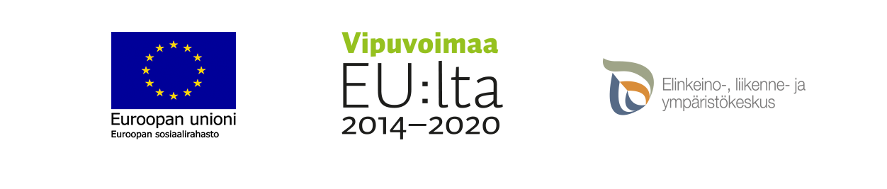 Euroopan sosiaalirahaston, Vipuvoimaa EU:lta 2014-2020 sekä Elinkeino-, liikenne- ja ympäristökeskuksen logot