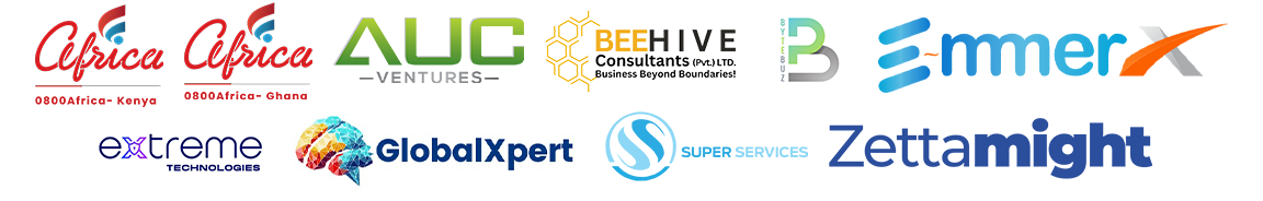 Logos for 0800Africa Limited Kenya, 0800Africa Limited Ghana, AUC Ventures, Beehive Consultants LTD, BYTEBUZ, E-MMERX WORLD, Extreme Technologies, GlobalXpert, Super Services and Zettamight