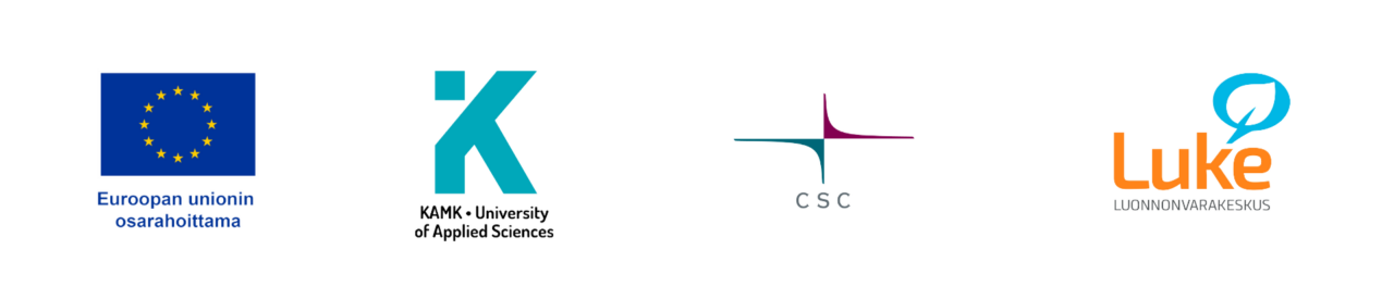 Euroopan unionin osarahoittama, Kajaanin ammattikorkeakoulun, CSC tieteen tietotekniikan keskuksen ja Luonnonvarakeskus Luken logot