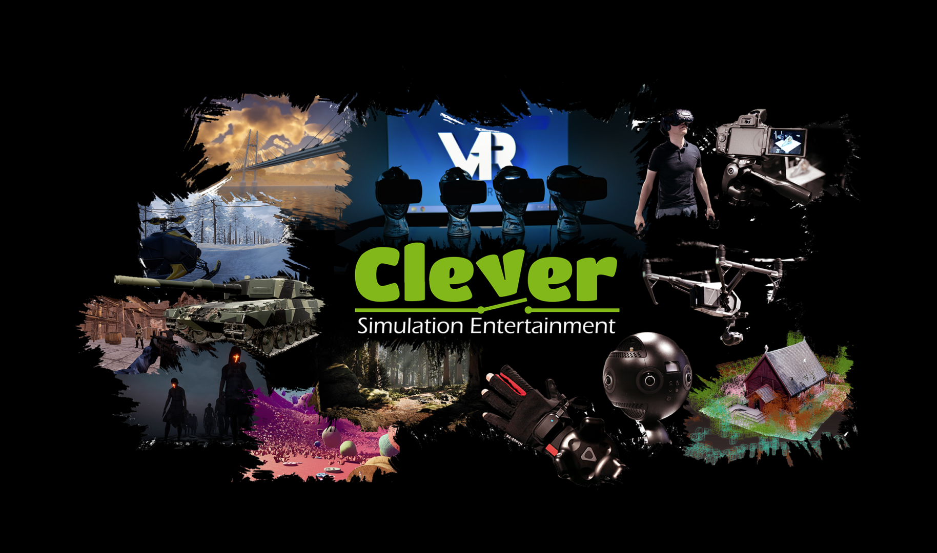 Text Clever Simulation Entertainment surrounded by graphic pictures of equipment and projects pictures. Picture: Clever Simulation Entertainment / Kajaani University of Applied Sciences.