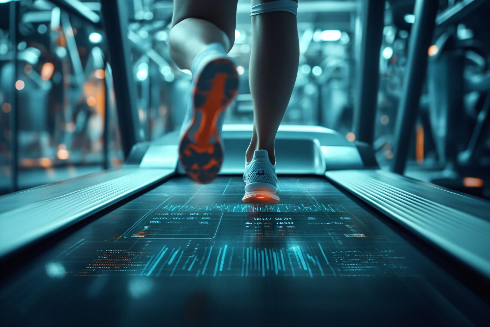Futuristic fitness room with treadmill and futuristic interface that allows you to track your workout, health indicators. Picture: Alexey / Adobe Stock.