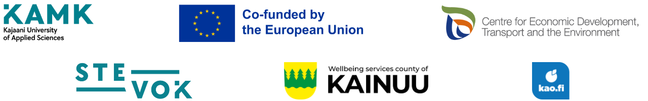 Logos: KAMK, Stevok, EU flag and text Co-funded by the European Union, Wellbeign services County of Kainuu, Centre for Economic Development, Transport, and the Environment.