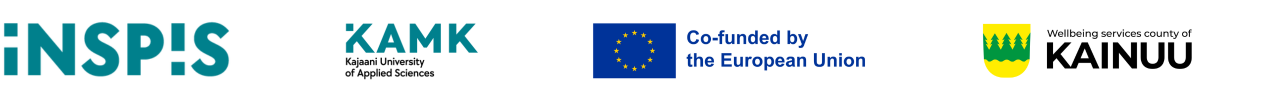 Logos: INSPIS, KAMK, EU flag and text Co-funded by the European Union and Wellbeing services county of Kainuu.
