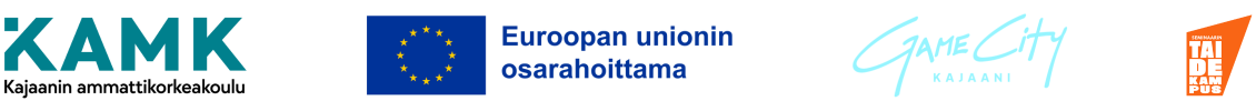 Logot: KAMK, EU-lippu ja teksti Euroopan unionin osarahoittama, GameCity Kajaani ja Seminaarin Taidekampus.