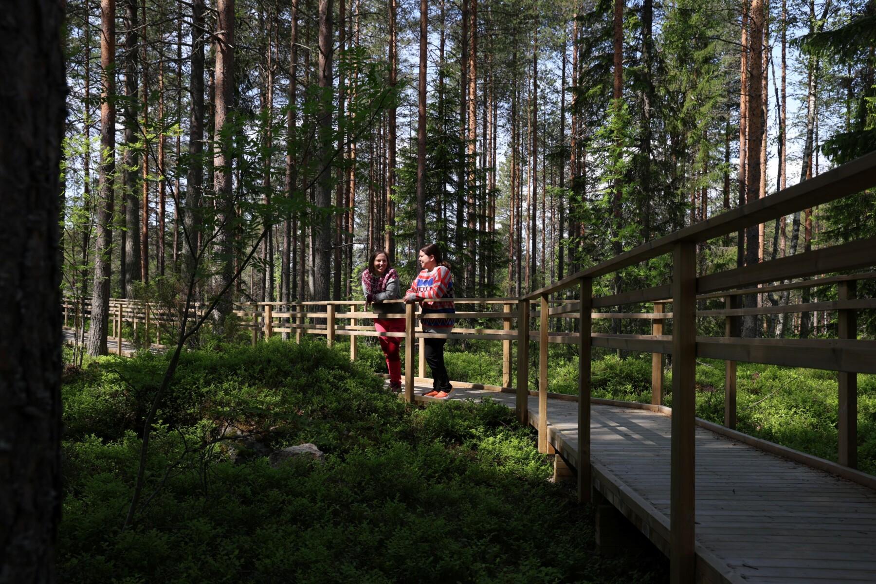 Two people standing in Kajaani's Health Forest route on a summer day.