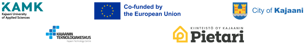 Logos: KAMK, EU flag and text Co-funded by the European Union, City of Kajaani, Kajaani Technology Centre, Kiinteistö Oy Kajaanin Pietari.