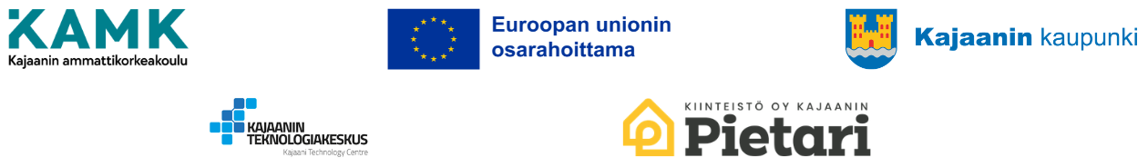 Logot: KAMK, EU-lippu ja teksti Euroopan unionin osarahoittama, Kajaanin kaupunki, Kajaanin teknologiakeskus, Kiinteistö Oy Kajaanin Pietari.