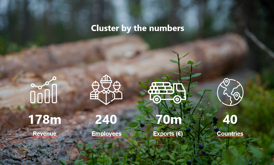 Two fallen trees in the middle of the forest. Text: Cluster by the numbers, 178m revenue, 240 employees, 70m exports (€), 40 countries.