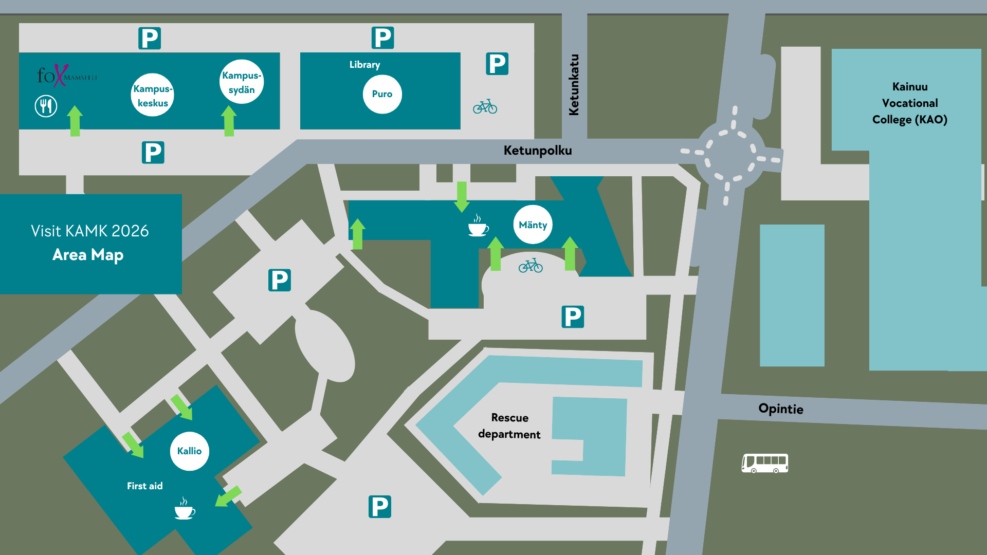 Visit KAMK 2026 area map. Graphic picture of Kajaani Campus' buildings.