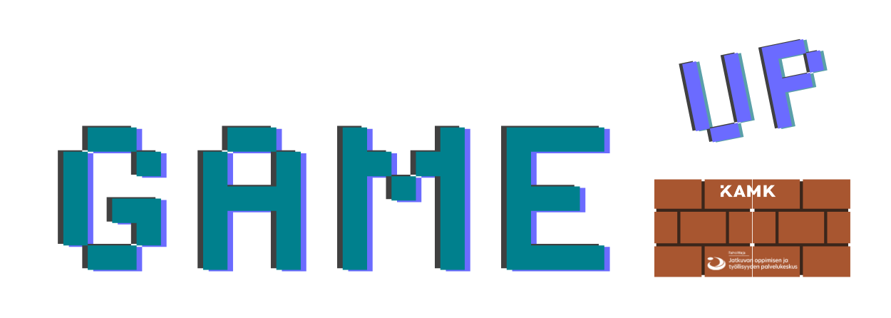 GameUp-logo. Logon vasemmassa reunassa KAMKin logo ja Jatkuvan oppimisen ja työllisyyden palvelukeskuksen rahoittajalogo