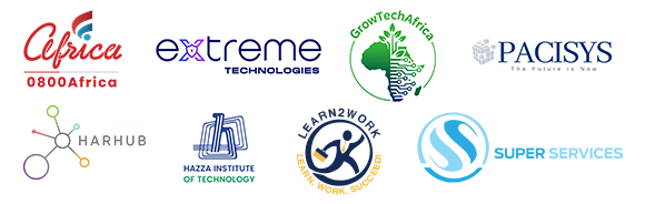 Logos for 0800Africa Limited, Extreme Technologies, GrowTechAfrica, Pacisys, Harhub, Hazza Institute of Technology, Learn2work and Super Services