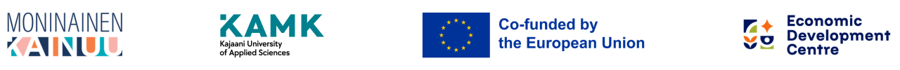 Logos: Moninainen Kainuu, KAMK, EU flag and text Co-funded by the European Union, Economic Development Centre