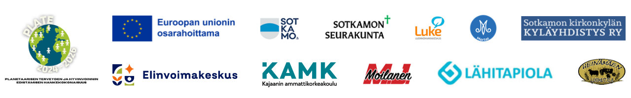 Logot: Plate-hankekokonaisuus, EU-lippu ja teksti Euroopan unionin osarahoittama, Elinvoimakeskus, Sotkamo, KAMK, Sotkamon seurakunta, Luke, Martat, Sotkamon kirkonkylän kyläyhdistys, Moilanen, Lähitapiola, Heinämäen luomutila.