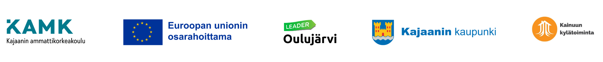 Logot: KAMK, EU-lippu ja teksti Euroopan unionin osarahoittama, Leader Oulujärvi, Kajaanin kaupunki, Kainuun, Kainuun kylätoiminta.