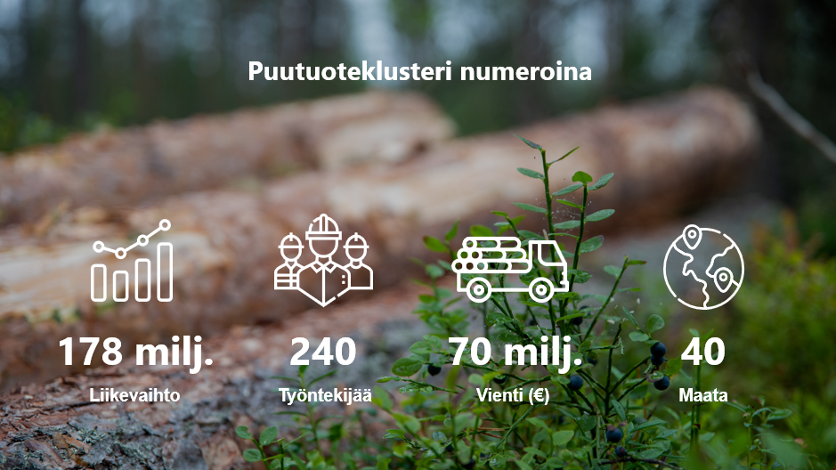 Klusteri lukuina. Liikevaihto 178 miljoonaa. 240 työntekijää. Vienti 70 miljoonaa euroa. 40 maata. Lukujen taustalla kuva puupölkyistä kesäisessä metsässä.
