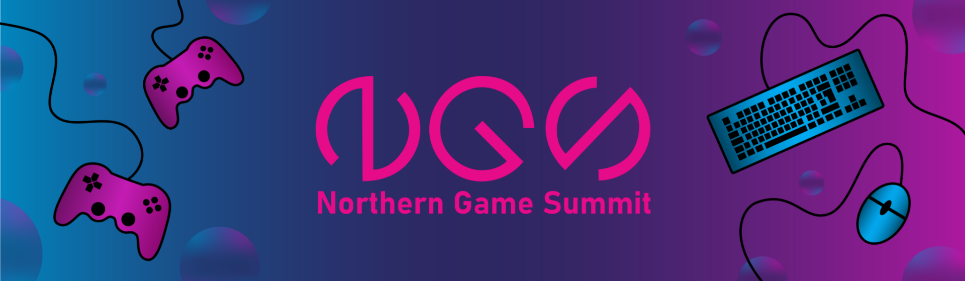 Kuvituskuva jossa peliohjaimia ja näppäimistö. Keskellä lukee Northern Game Summit