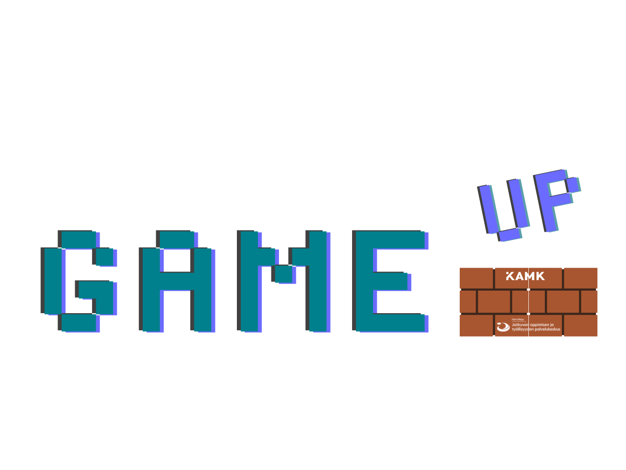 Game Up -hankkeen logo, jossa sana up on tiiliseinän yläpuolella, tiiliseinässä Kamkin ja Jotpan logot.