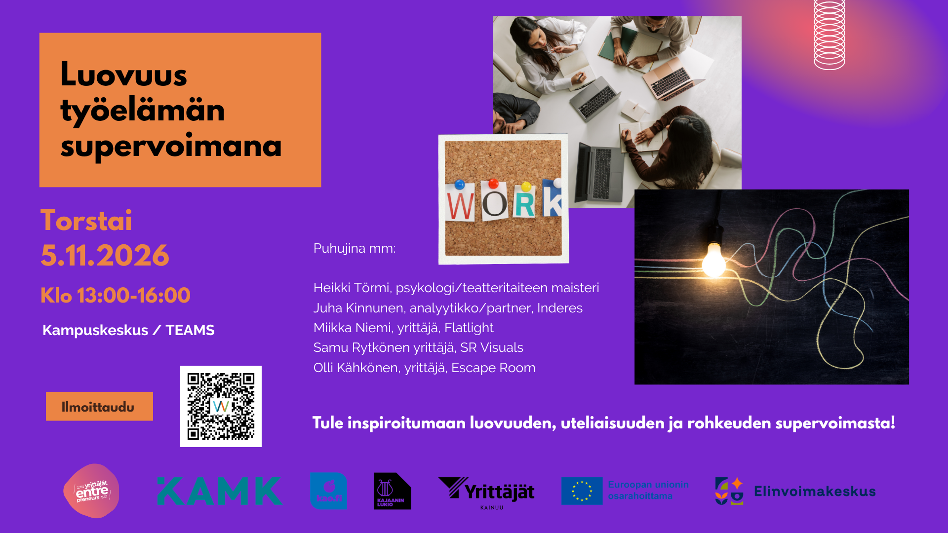 Luovuus työelämän supervoimana -tapahtuman mainoskuva.
