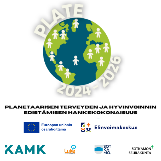 Graafinen maapallo, jonka ympärillä teksti PLATE 2024-2026. Logot: EU-lippu ja teksti Euroopan unionin osarahoittama, Elinvoimakeskus, KAMK, Luke, Sotkamo ja Sotkamon seurakunta.